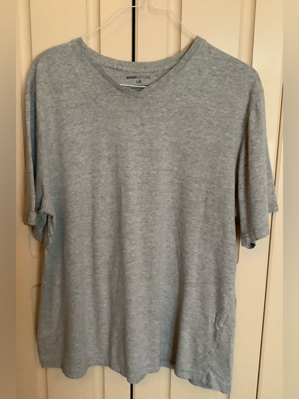Basic Editions V-Neck T-Shirt-Gray Heather-Short Sleeve-Cotton Poly Blend-Large